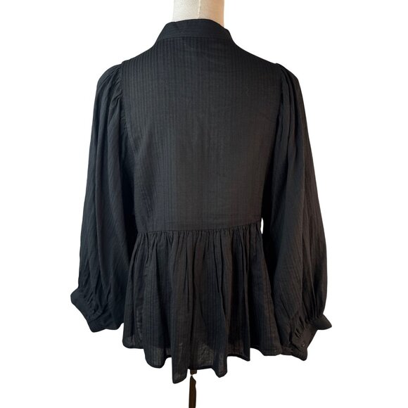 Banana Republic XS Black Peplum Blouse White Embroidery Puff Sleeves - Picture 2 of 12